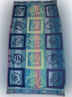 Vintage Egyptian Cotton Beach Towel - Nautical Fish & Shells-Blue/Teal